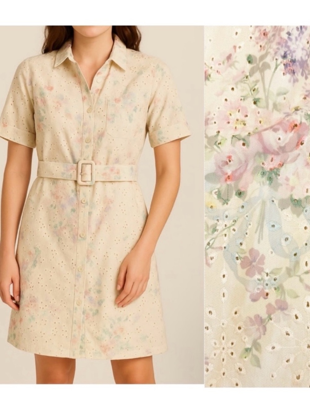 Solitaire X Anthropologie Floral Eyelet Belted Button Front Shirt Dress Boho